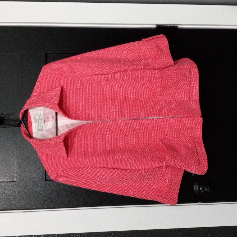 Tahari Women's Coral Pink Tweed Blazer Collar 3/4 Sleeve Jacket Sz 16